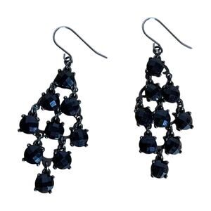 Black Faceted Crystal Chandelier Earrings Gunmetal Tone Dangle Statement